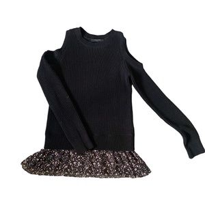 All Saints Black Cold Shoulder Ribbed Sweater Floral Peplum Size S Women